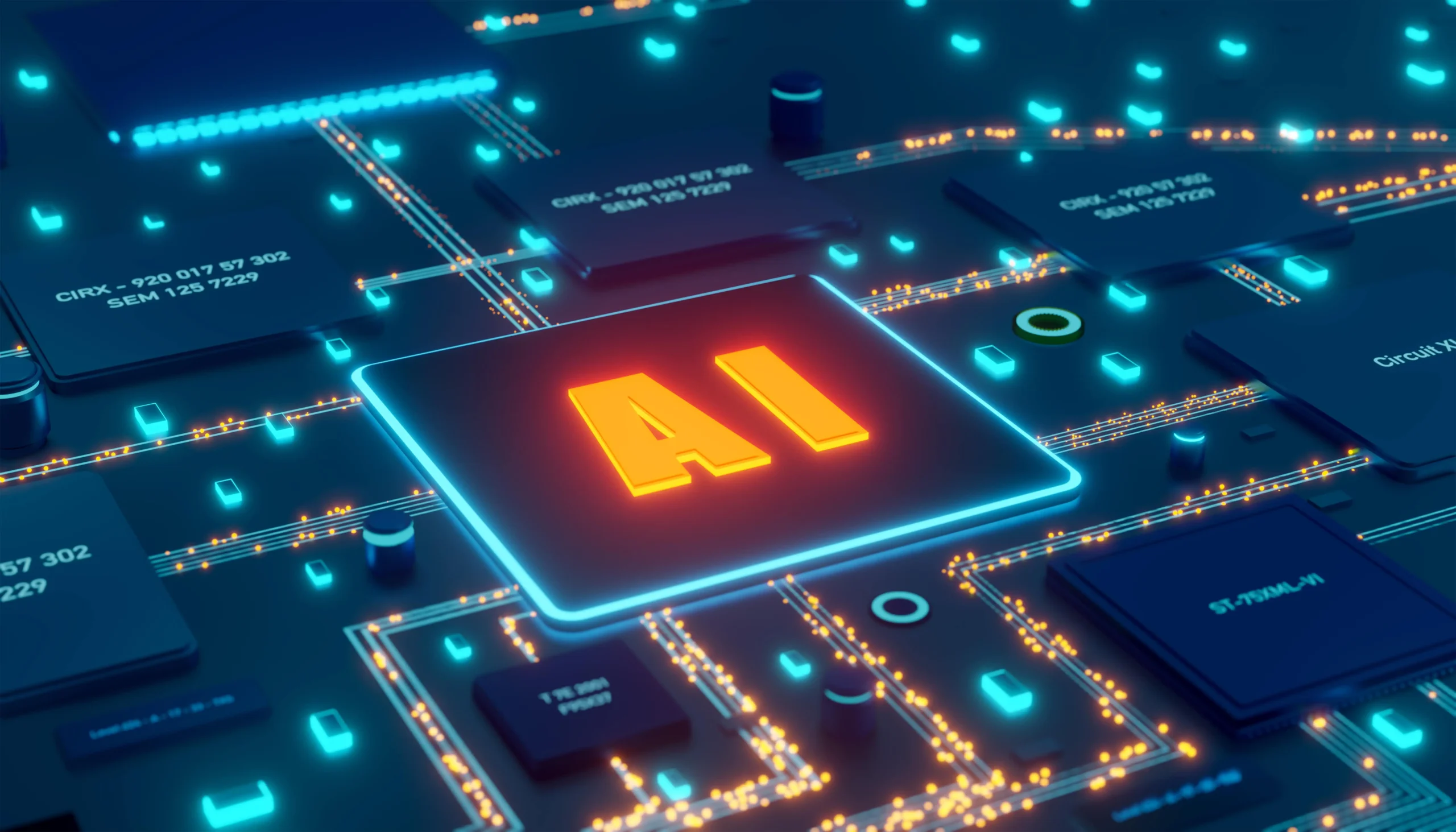 A CPU chip on a computer motherboard with the letters AI in orange