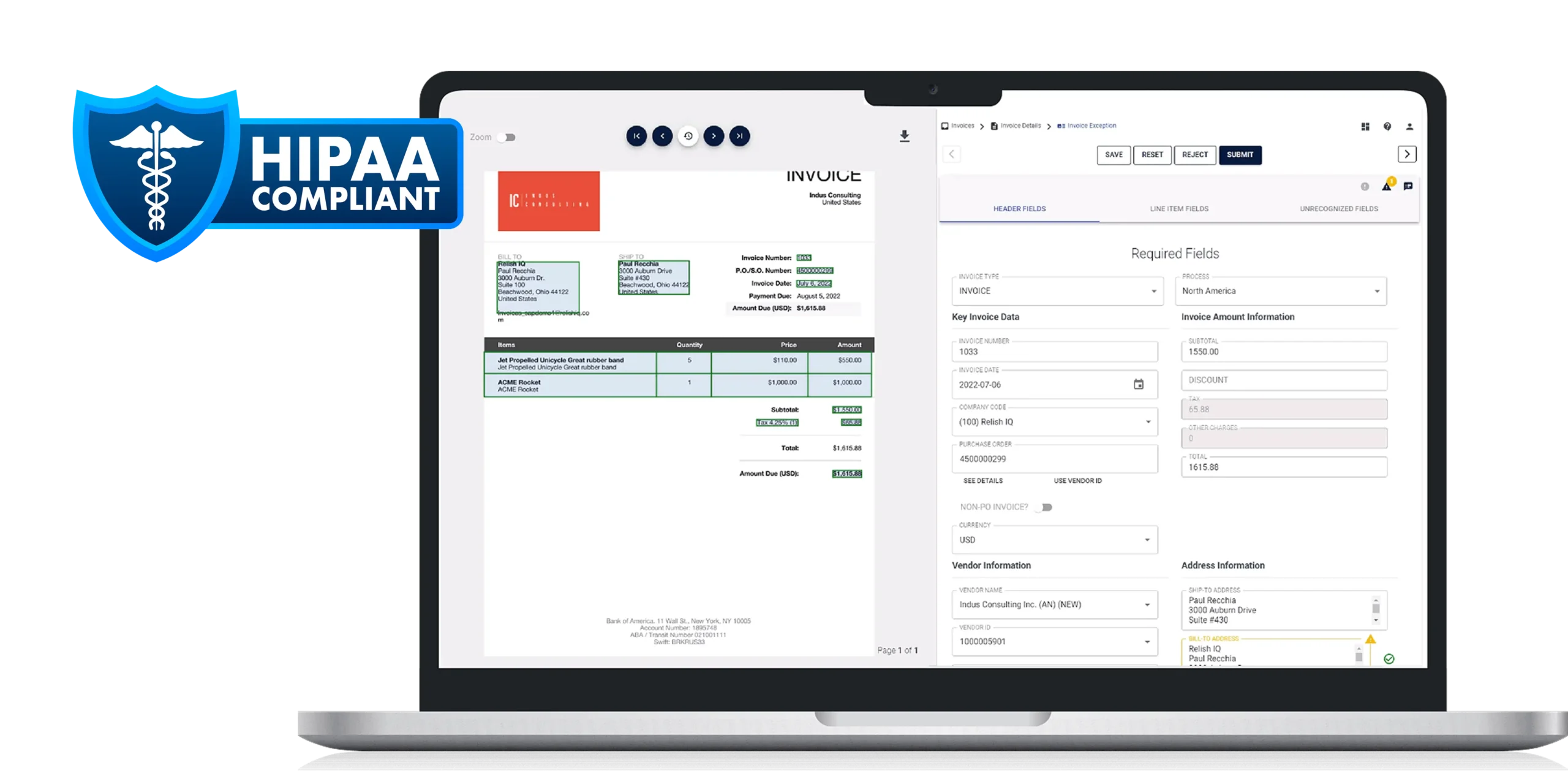 Invoice AI showing HIPAA compliance
