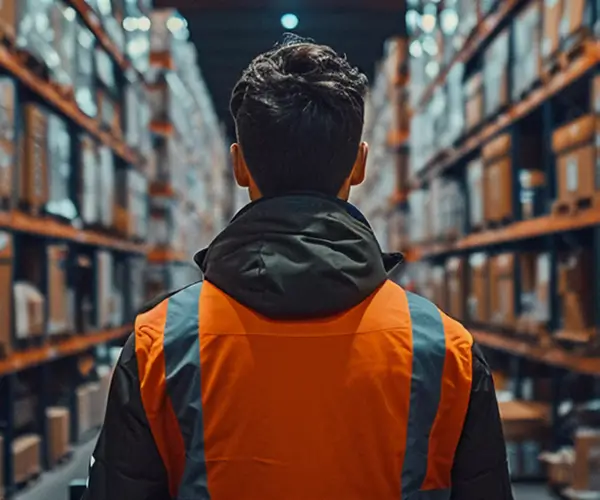A man viewing a large shipment of consumer goods and conducting compliance review