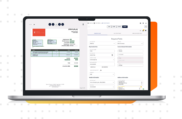 Invoice AI Relish OCR Functionality on a Laptop with orange background