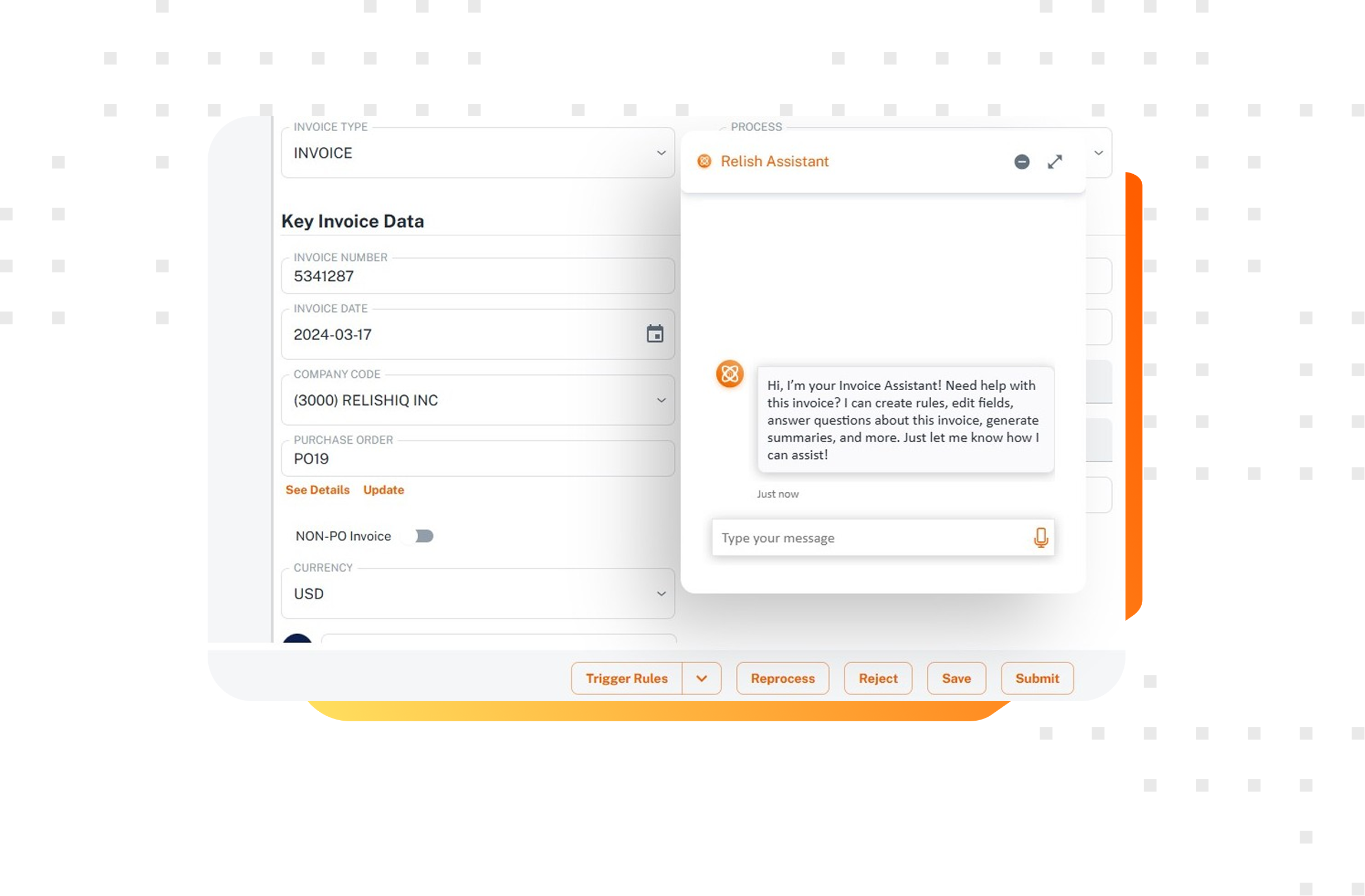 Relish Invoice AI with AI assistant to customize workflows and improve invoice and order automation